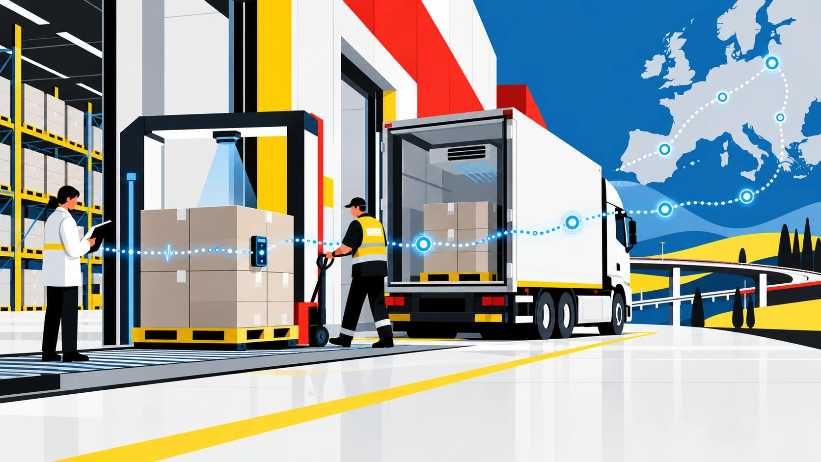Illustration of pharmaceutical warehousing, goods handover and European distribution — pharmaceutical warehousing for the German market